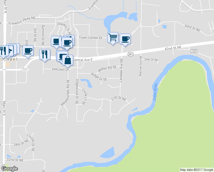 map of restaurants, bars, coffee shops, grocery stores, and more near 3773 Larabee Avenue Northeast in Saint Michael