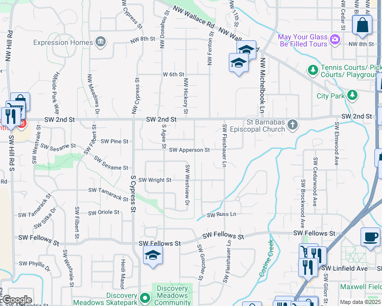 map of restaurants, bars, coffee shops, grocery stores, and more near 1506 Southwest Apperson Street in McMinnville