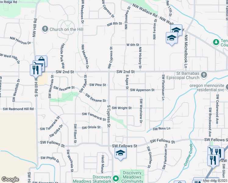 map of restaurants, bars, coffee shops, grocery stores, and more near 1672 Southwest Apperson Street in McMinnville