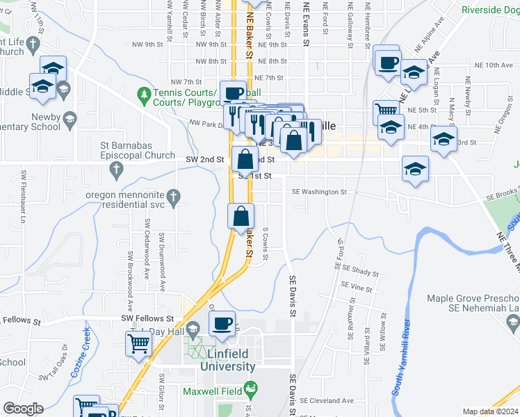 map of restaurants, bars, coffee shops, grocery stores, and more near 250 Southeast Lincoln Street in McMinnville