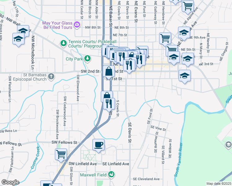 map of restaurants, bars, coffee shops, grocery stores, and more near 330 Southeast Baker Street in McMinnville