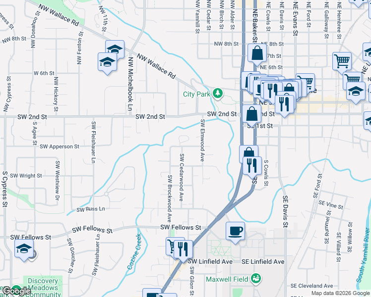 map of restaurants, bars, coffee shops, grocery stores, and more near 326 Southwest Cedarwood Avenue in McMinnville