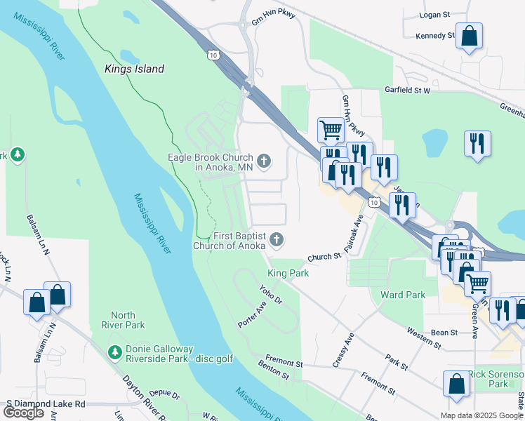 map of restaurants, bars, coffee shops, grocery stores, and more near 2614 Cutters Grove Avenue in Anoka
