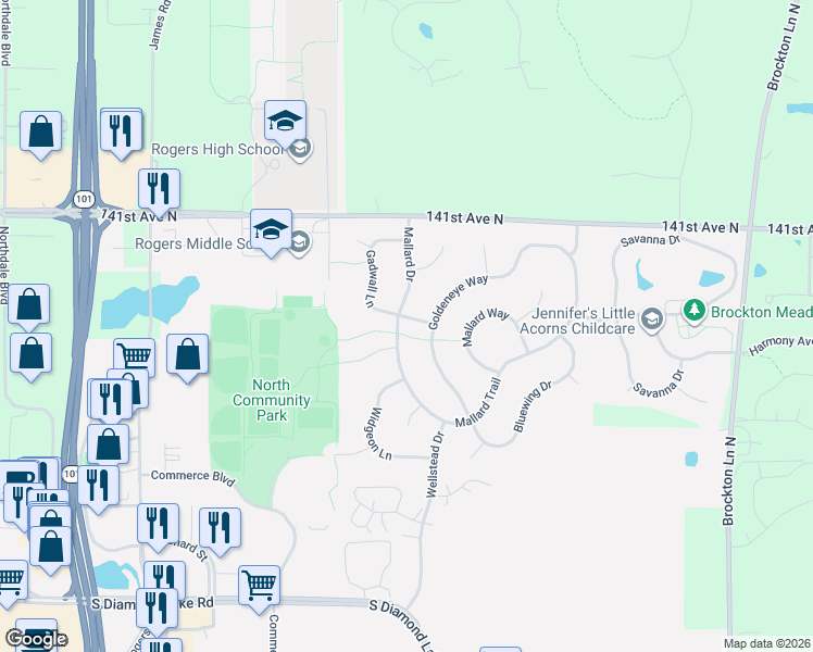 map of restaurants, bars, coffee shops, grocery stores, and more near 20495 Gadwall Lane in Rogers