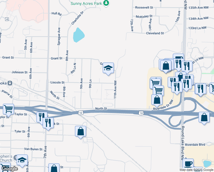 map of restaurants, bars, coffee shops, grocery stores, and more near 1036 Lincoln Street in Anoka