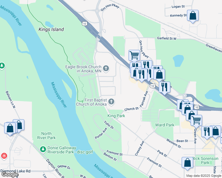 map of restaurants, bars, coffee shops, grocery stores, and more near 2614 Cutters Grove Avenue in Anoka