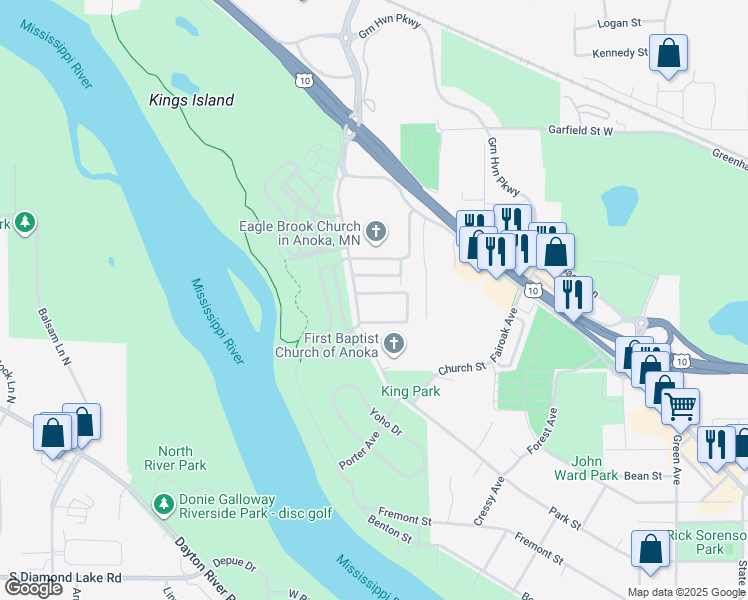 map of restaurants, bars, coffee shops, grocery stores, and more near 2614 Cutters Grove Avenue in Anoka