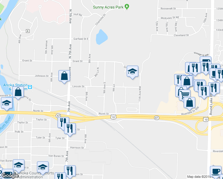 map of restaurants, bars, coffee shops, grocery stores, and more near 922 Lincoln Street in Anoka