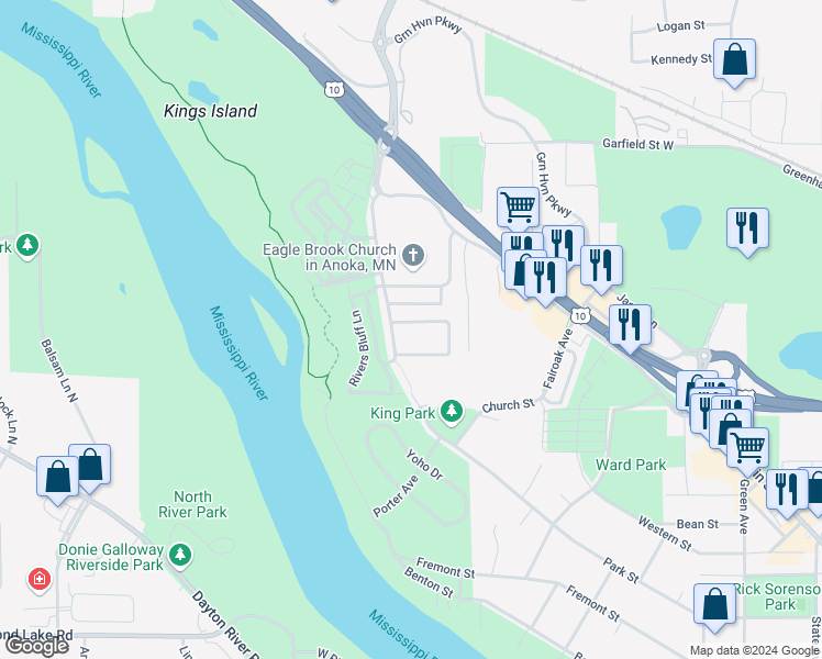 map of restaurants, bars, coffee shops, grocery stores, and more near 301 East Main Street in Anoka