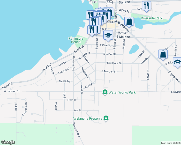 map of restaurants, bars, coffee shops, grocery stores, and more near 700-798 South Lake Street in Boyne City
