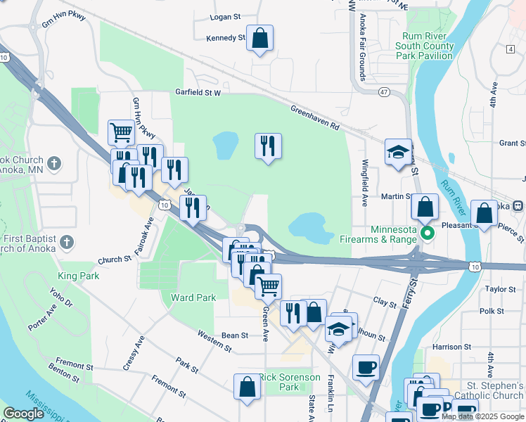 map of restaurants, bars, coffee shops, grocery stores, and more near 500 Greenhaven Road in Anoka