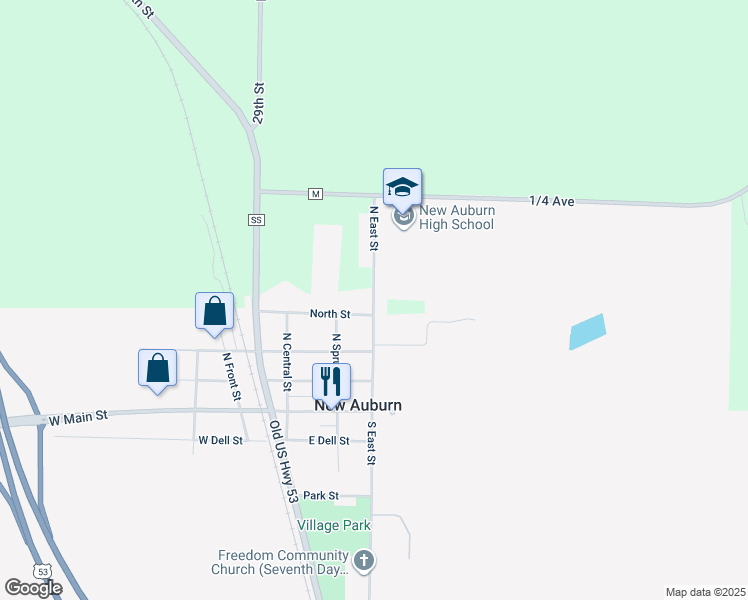 map of restaurants, bars, coffee shops, grocery stores, and more near North East Street in New Auburn