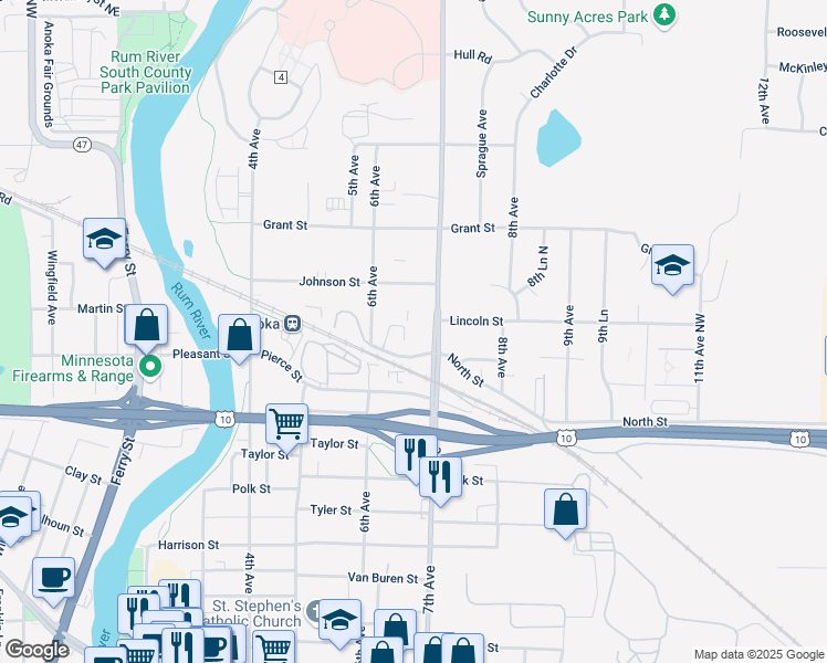 map of restaurants, bars, coffee shops, grocery stores, and more near 2723 7th Avenue in Anoka