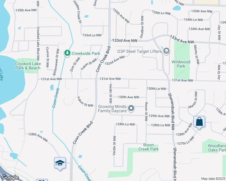 map of restaurants, bars, coffee shops, grocery stores, and more near 2391 130th Avenue Northwest in Minneapolis