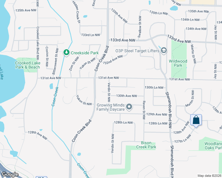 map of restaurants, bars, coffee shops, grocery stores, and more near 2391 130th Avenue Northwest in Minneapolis