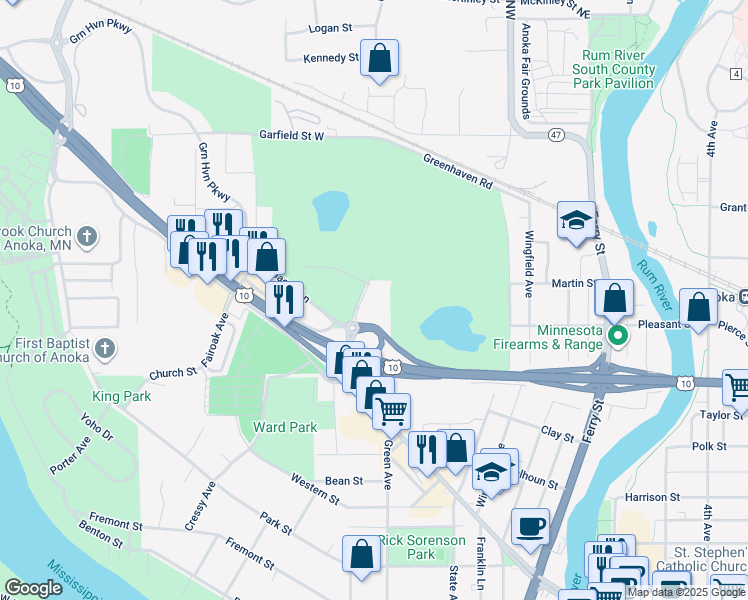 map of restaurants, bars, coffee shops, grocery stores, and more near 500 Greenhaven Road in Anoka