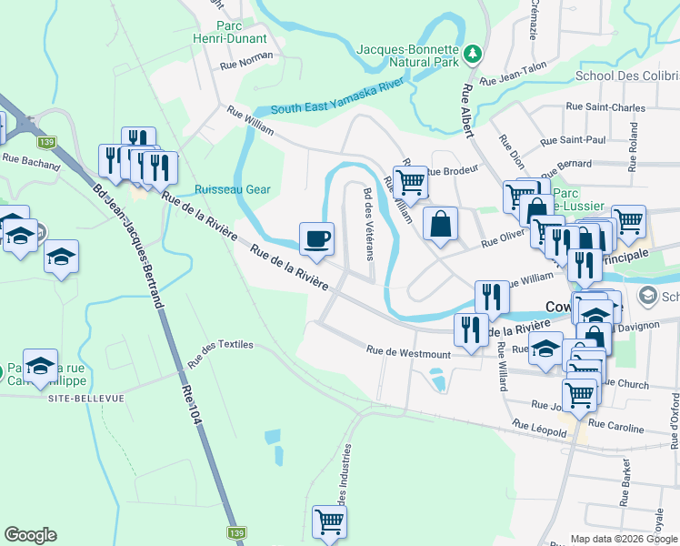 map of restaurants, bars, coffee shops, grocery stores, and more near 98 Boulevard des Vétérans in Cowansville