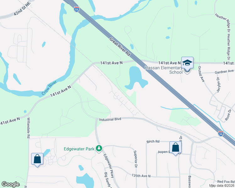 map of restaurants, bars, coffee shops, grocery stores, and more near Rivers Edge Road in Rogers