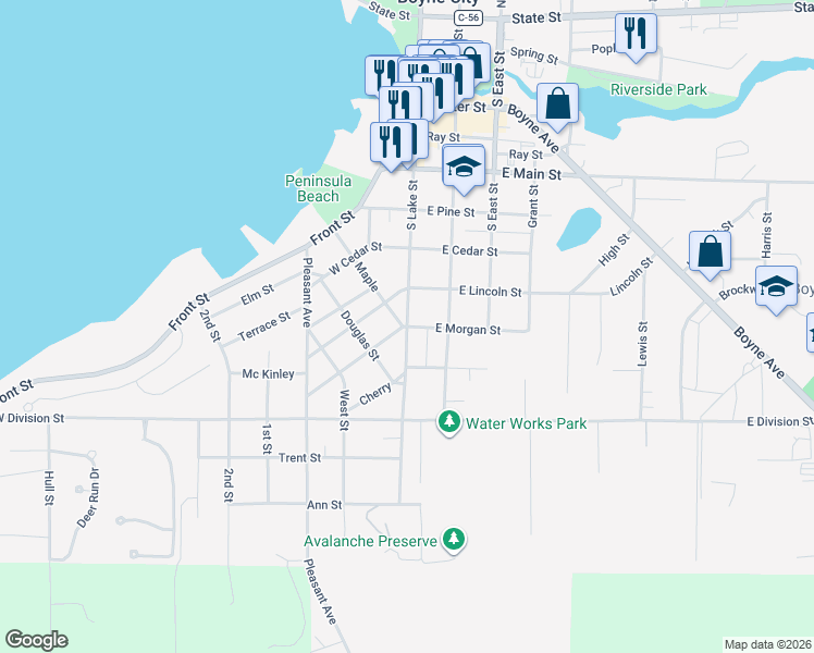 map of restaurants, bars, coffee shops, grocery stores, and more near 700 South Lake Street in Boyne City
