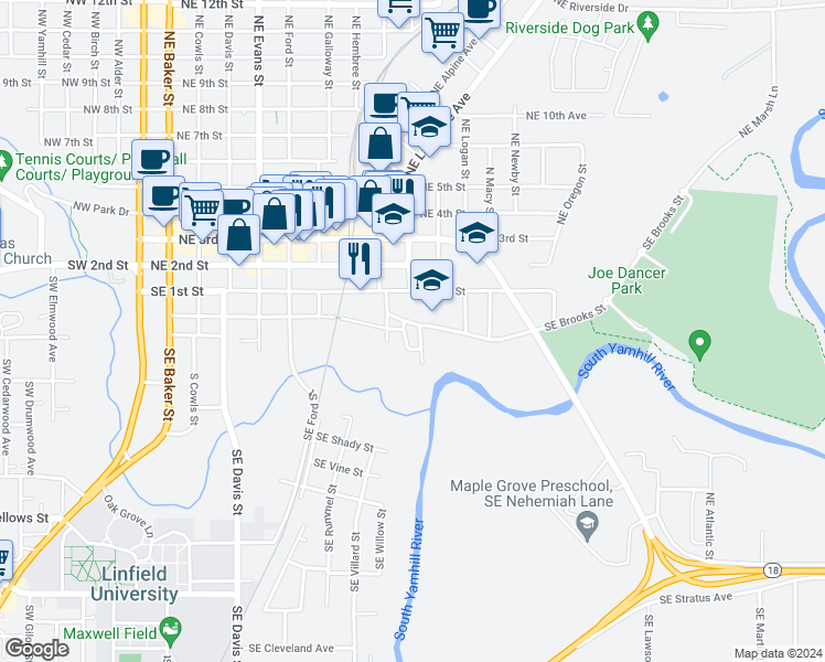 map of restaurants, bars, coffee shops, grocery stores, and more near 223 Southeast Clay Street in McMinnville