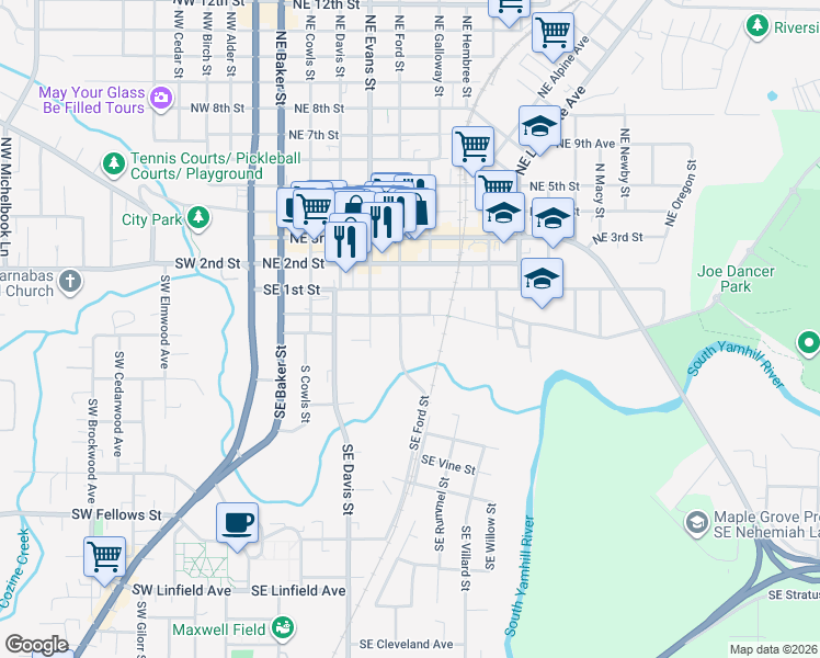 map of restaurants, bars, coffee shops, grocery stores, and more near 230 Southeast Evans Street in McMinnville