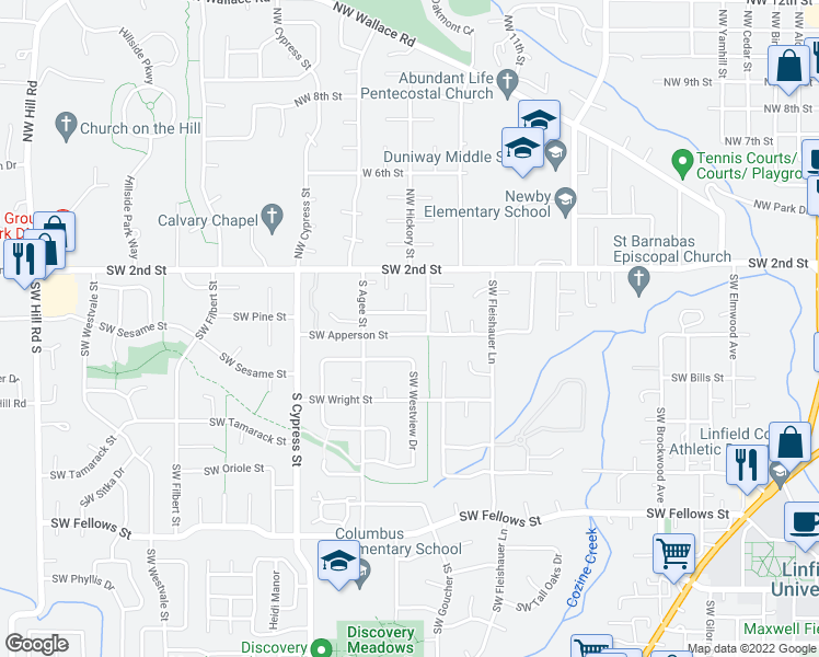 map of restaurants, bars, coffee shops, grocery stores, and more near 1506 Southwest Apperson Street in McMinnville
