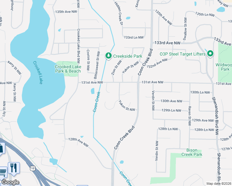 map of restaurants, bars, coffee shops, grocery stores, and more near 2596 130th Lane Northwest in Minneapolis