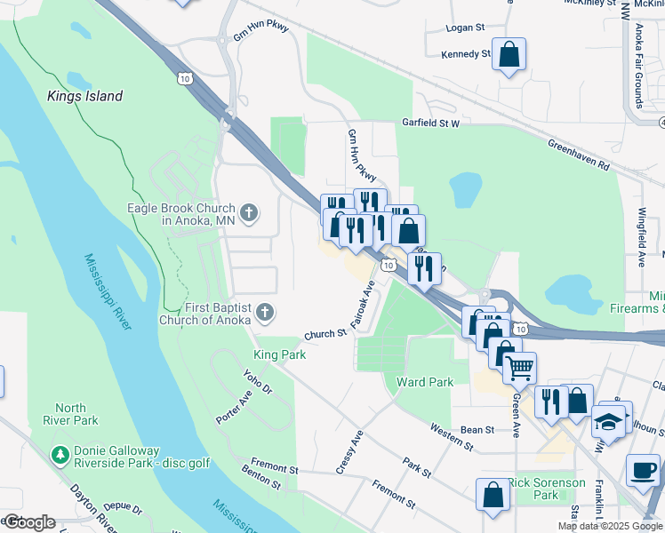 map of restaurants, bars, coffee shops, grocery stores, and more near 820 West Main Street in Anoka