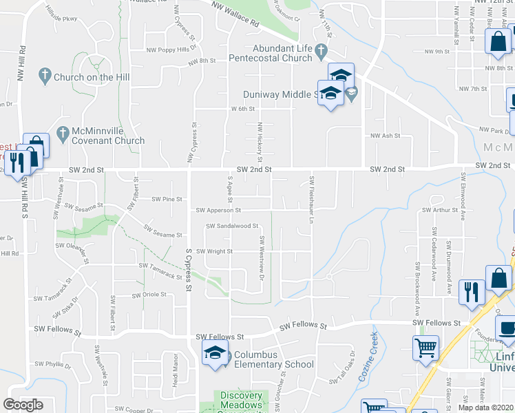 map of restaurants, bars, coffee shops, grocery stores, and more near 1511 Southwest Apperson Street in McMinnville