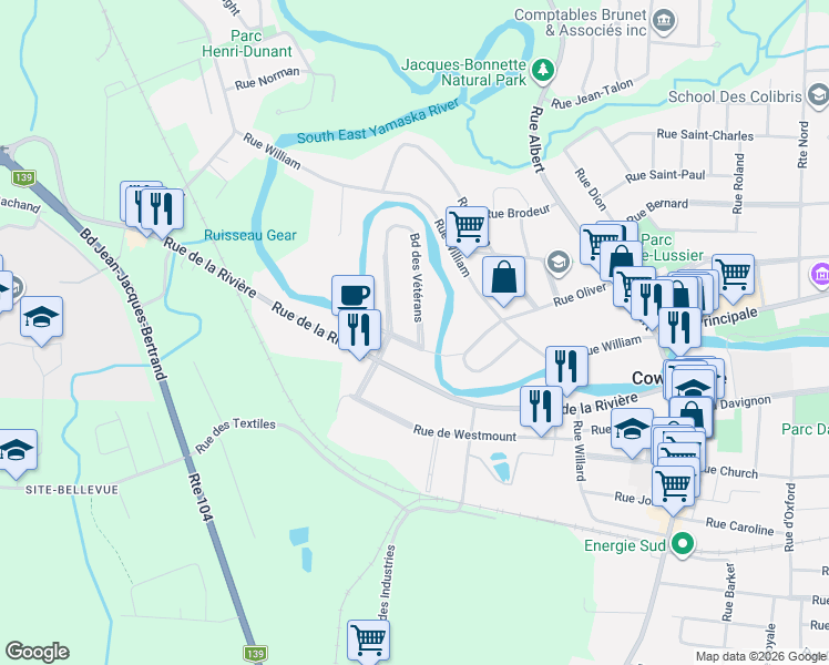 map of restaurants, bars, coffee shops, grocery stores, and more near 237 Boulevard des Vétérans in Cowansville