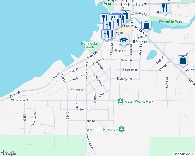 map of restaurants, bars, coffee shops, grocery stores, and more near 800 Douglas Street in Boyne City