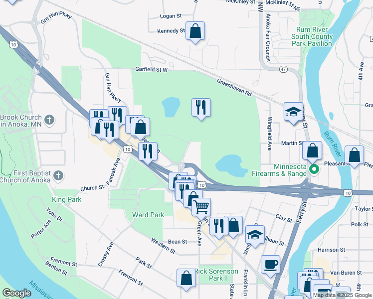map of restaurants, bars, coffee shops, grocery stores, and more near Greenhaven Road in Anoka