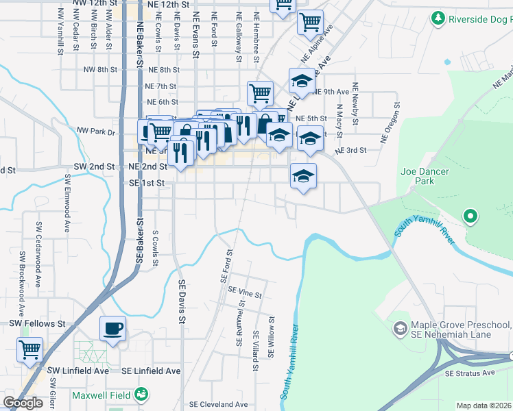 map of restaurants, bars, coffee shops, grocery stores, and more near 3765 Northeast Riverside Drive in McMinnville