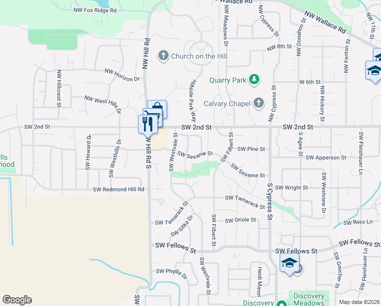 map of restaurants, bars, coffee shops, grocery stores, and more near 350 Southwest Huckleberry Court in McMinnville
