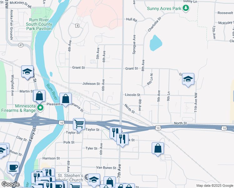 map of restaurants, bars, coffee shops, grocery stores, and more near 2801 7th Avenue in Anoka