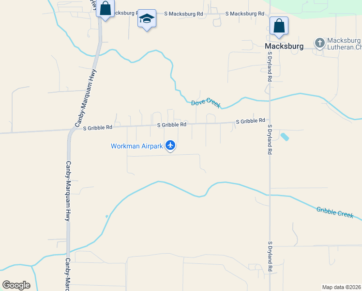 map of restaurants, bars, coffee shops, grocery stores, and more near 9626 South Gribble Road in Canby