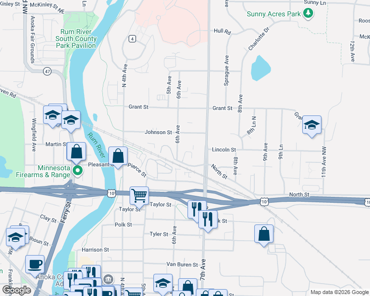 map of restaurants, bars, coffee shops, grocery stores, and more near 649 Buchanan Street in Anoka