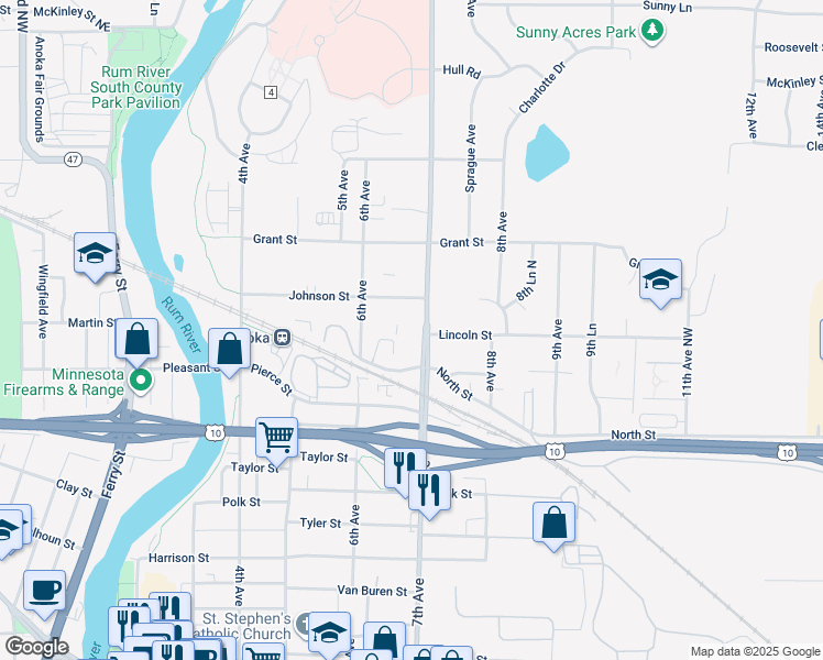 map of restaurants, bars, coffee shops, grocery stores, and more near 2723 7th Avenue in Anoka