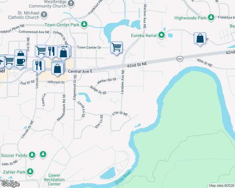 map of restaurants, bars, coffee shops, grocery stores, and more near 3797 Larabee Avenue Northeast in Saint Michael