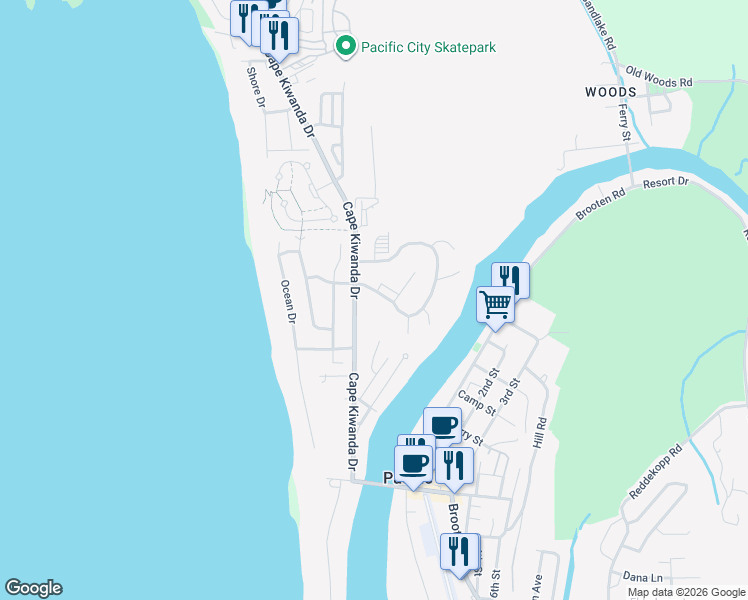 map of restaurants, bars, coffee shops, grocery stores, and more near 34505 Williams Avenue in Pacific City