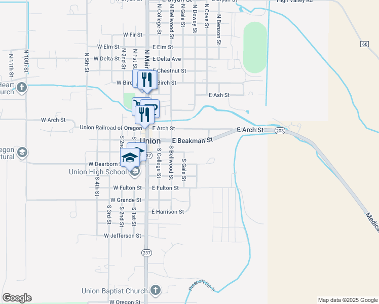 map of restaurants, bars, coffee shops, grocery stores, and more near 380 East Beakman Street in Union