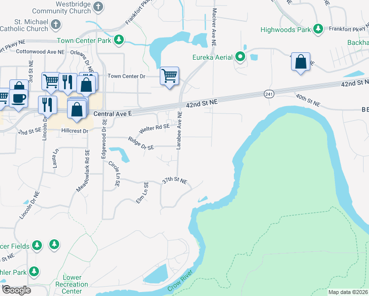map of restaurants, bars, coffee shops, grocery stores, and more near 3850 Larabee Avenue Northeast in Saint Michael