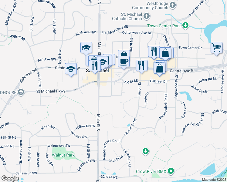 map of restaurants, bars, coffee shops, grocery stores, and more near 116 1st Street Southeast in Saint Michael
