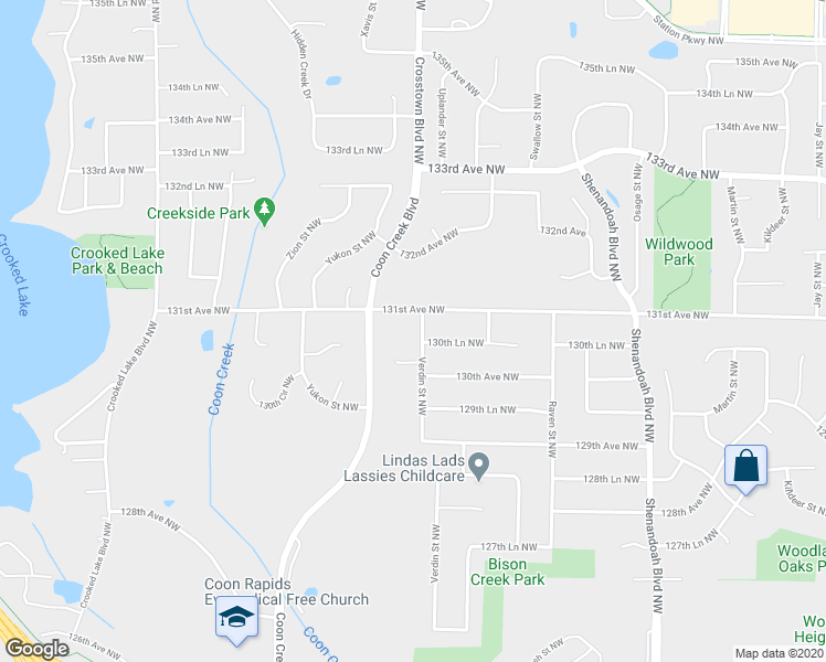 map of restaurants, bars, coffee shops, grocery stores, and more near 13060 Verdin Street Northwest in Minneapolis