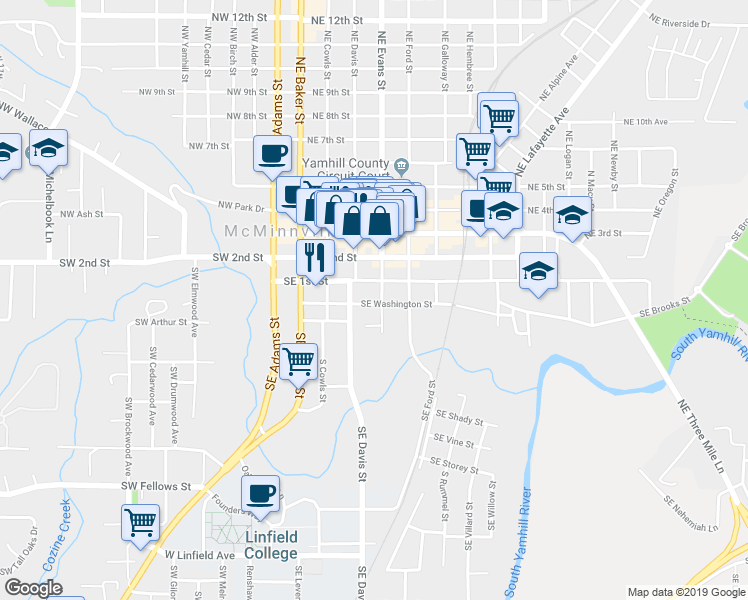 map of restaurants, bars, coffee shops, grocery stores, and more near 434 Southeast 1st Street in McMinnville