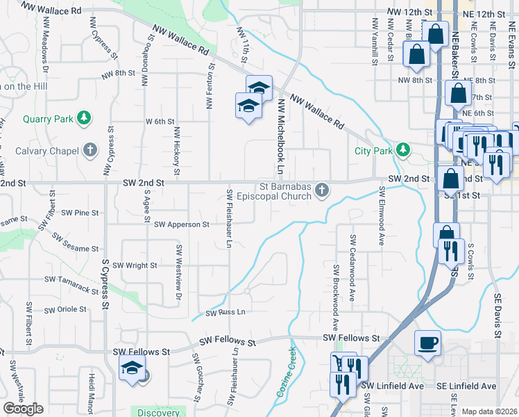 map of restaurants, bars, coffee shops, grocery stores, and more near 130 Southwest Eckman Street in McMinnville