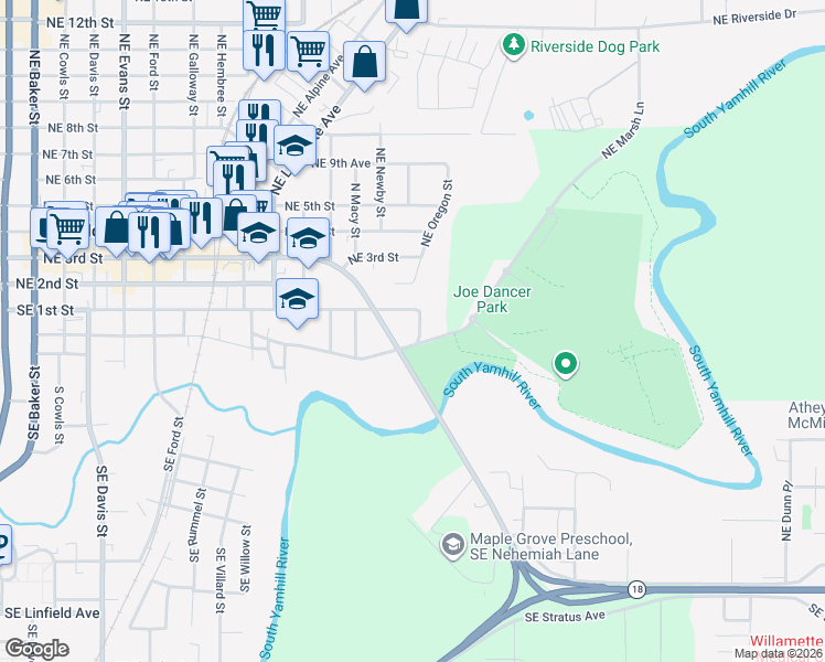 map of restaurants, bars, coffee shops, grocery stores, and more near 131 Southeast Anne Street in McMinnville