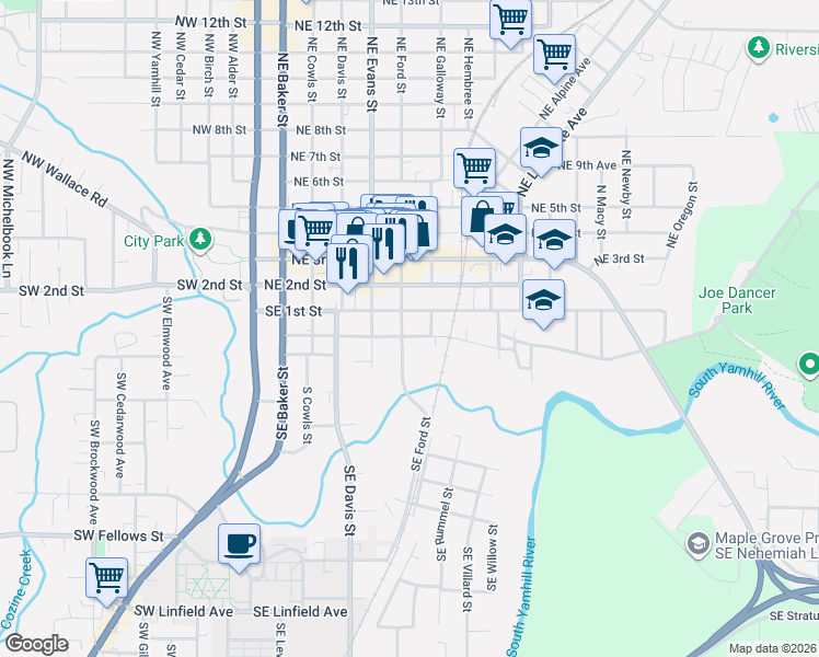 map of restaurants, bars, coffee shops, grocery stores, and more near in McMinnville