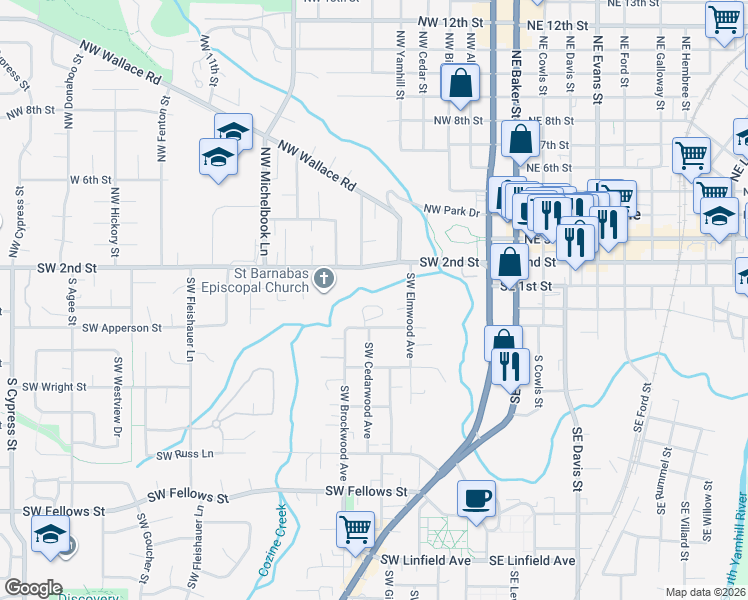 map of restaurants, bars, coffee shops, grocery stores, and more near 641 Southwest Tanglewood Circle in McMinnville