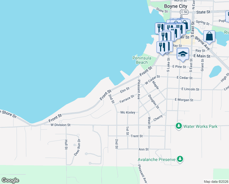 map of restaurants, bars, coffee shops, grocery stores, and more near 481 Front Street in Boyne City